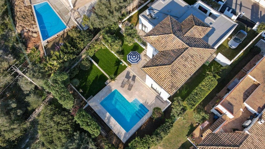 arial drone photo to this country home in the heart of Calvia village, mallorca with amazing views